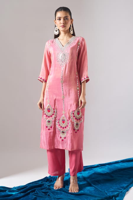 Samyukta Singhania Pink Tissue, Shantoon, Chiffon Embroidery, Mirrors, Lace V-neck Kurta Set at Aza Fashions Samyukta Singhania_Pink Tissue, Shantoon, Chiffon Embroidery, Mirrors, Lace V-neck Kurta Set _at_Aza_Fashions