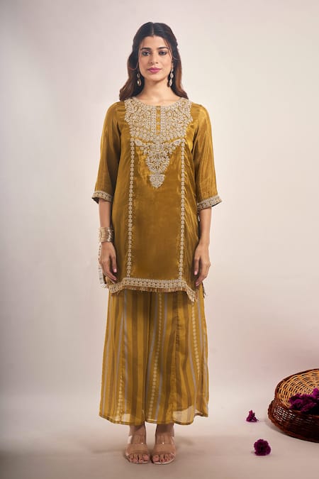 Samyukta Singhania_Olive Green Tissue, Chinon, Silk, Chiffon Zari, Shimmer Dori Sharara Set _Online_at_Aza_Fashions