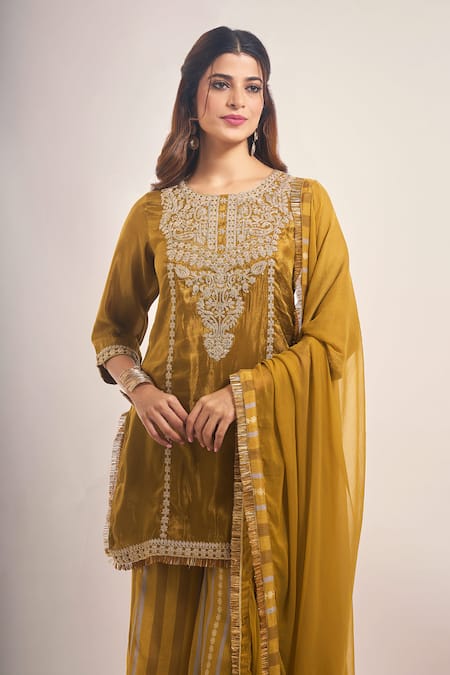 Samyukta Singhania_Olive Green Tissue, Chinon, Silk, Chiffon Zari, Shimmer Dori Sharara Set _at_Aza_Fashions