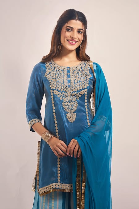 Shop_Samyukta Singhania_Teal Tissue, Chinon, Chiffon Embroidery, Lace, Shimmer Zari-dori Sharara Set _Online_at_Aza_Fashions