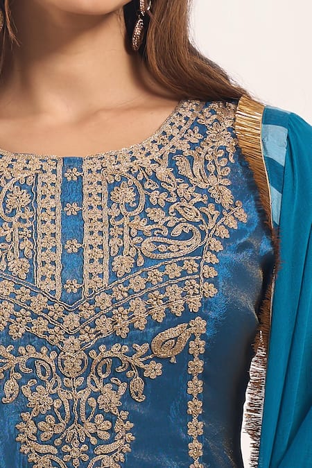 Samyukta Singhania_Teal Tissue, Chinon, Chiffon Embroidery, Lace, Shimmer Zari-dori Sharara Set _at_Aza_Fashions