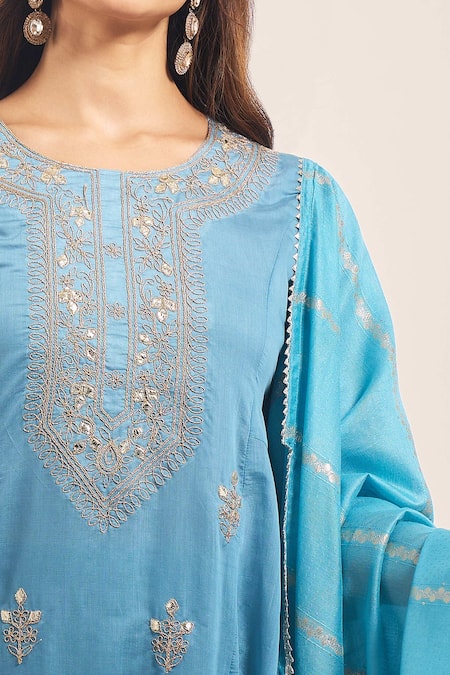Shop_Samyukta Singhania_Blue , Shantoon, Silk Embroidery, Gota Mul Dori Kurta Set _Online_at_Aza_Fashions