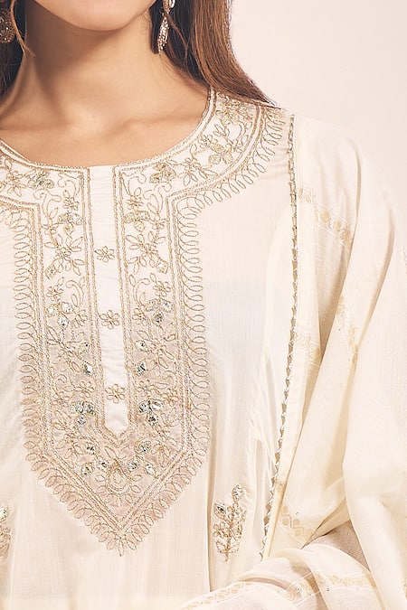 Shop_Samyukta Singhania_Ivory , Shantoon, Silk Embroidery, Zari, Gota Dori Kurta Set _Online_at_Aza_Fashions