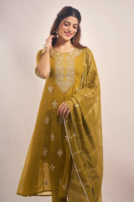Shop Samyukta Singhania Olive Green , Shantoon, Silk Zari, Mul Dori Anarkali Set Online at Aza Fashions Shop_Samyukta Singhania_Olive Green , Shantoon, Silk Zari, Mul Dori Anarkali Set _Online_at_Aza_Fashions