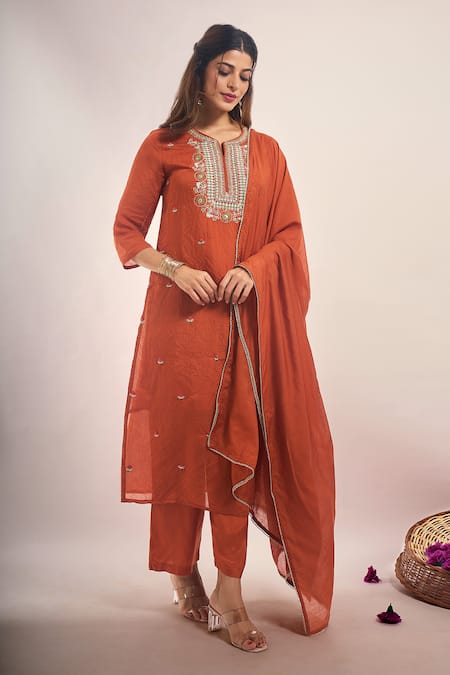 Samyukta Singhania Rust Chanderi, Shantoon Embroidery, Beads, Sequins, Lace Round Mul Kurta Set