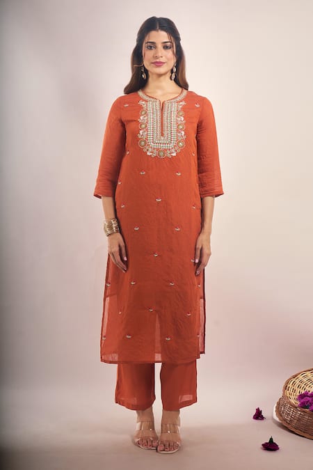 Shop_Samyukta Singhania_Rust Chanderi, Shantoon Embroidery, Beads, Sequins, Lace Round Mul Kurta Set _Online_at_Aza_Fashions