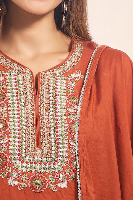 Samyukta Singhania_Rust Chanderi, Shantoon Embroidery, Beads, Sequins, Lace Round Mul Kurta Set _at_Aza_Fashions