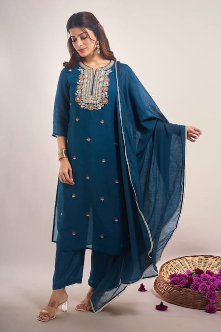 Shop_Samyukta Singhania_Teal Chanderi, Shantoon Embroidery, Beads, Sequins, Lace Round Mul Kurta Set _Online_at_Aza_Fashions