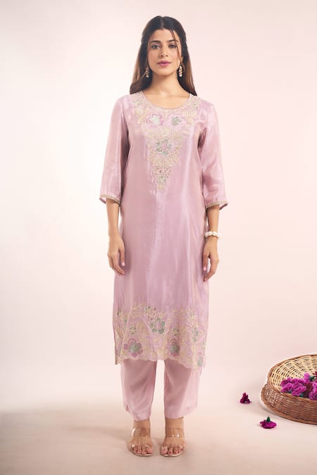 Buy_Samyukta Singhania_Purple Tissue, Shantoon, Chiffon Embroidery, Sequins, Shimmer Floral Kurta Set _Online_at_Aza_Fashions