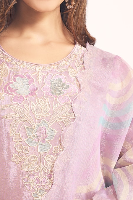 Samyukta Singhania_Purple Tissue, Shantoon, Chiffon Embroidery, Sequins, Shimmer Floral Kurta Set _at_Aza_Fashions