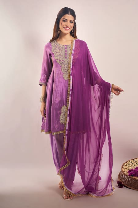 Buy_Samyukta Singhania_Purple Tissue, Chinon, Silk, Chiffon Embroidery, Zari, Shimmer Dori Kurta Set _Online_at_Aza_Fashions