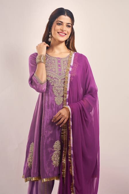 Shop_Samyukta Singhania_Purple Tissue, Chinon, Silk, Chiffon Embroidery, Zari, Shimmer Dori Kurta Set _Online_at_Aza_Fashions