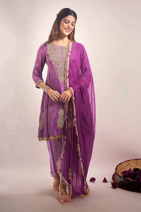 Samyukta Singhania_Purple Tissue, Chinon, Silk, Chiffon Embroidery, Zari, Shimmer Dori Kurta Set _at_Aza_Fashions