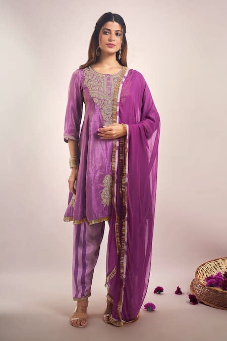 Samyukta Singhania Purple Tissue, Chinon, Silk, Chiffon Embroidery, Zari, Shimmer Dori Kurta Set