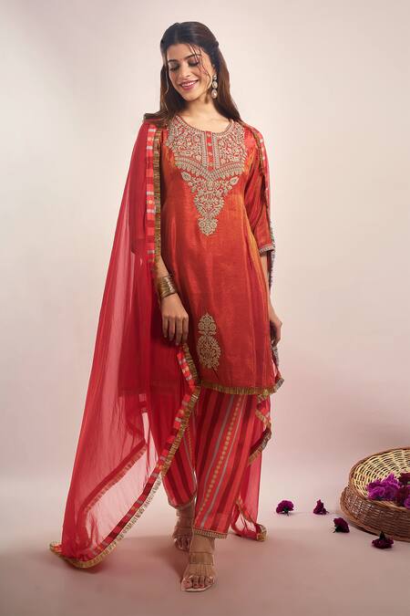 Buy Samyukta Singhania Rust Tissue, Chinon, Silk, Chiffon Embroidery, Lace, Zari-dori Kurta Salwar Set Online at Aza Fashions Buy_Samyukta Singhania_Rust Tissue, Chinon, Silk, Chiffon Embroidery, Lace, Zari-dori Kurta Salwar Set _Online_at_Aza_Fashions
