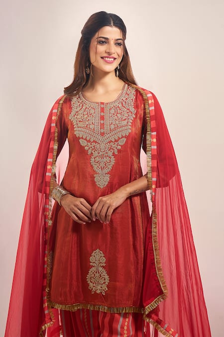 Samyukta Singhania Rust Tissue, Chinon, Silk, Chiffon Embroidery, Lace, Zari-dori Kurta Salwar Set at Aza Fashions Samyukta Singhania_Rust Tissue, Chinon, Silk, Chiffon Embroidery, Lace, Zari-dori Kurta Salwar Set _at_Aza_Fashions