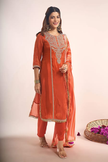 Buy_Samyukta Singhania_Rust Tissue, Shantoon, Chinon, Silk Embroidery, Zari-dori Shimmer Kurta Set _Online_at_Aza_Fashions