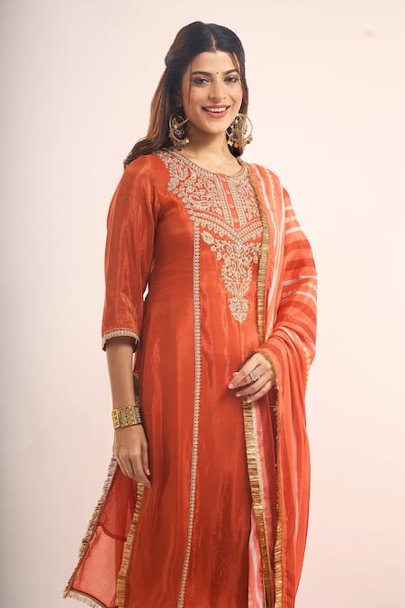 Samyukta Singhania_Rust Tissue, Shantoon, Chinon, Silk Embroidery, Zari-dori Shimmer Kurta Set _at_Aza_Fashions