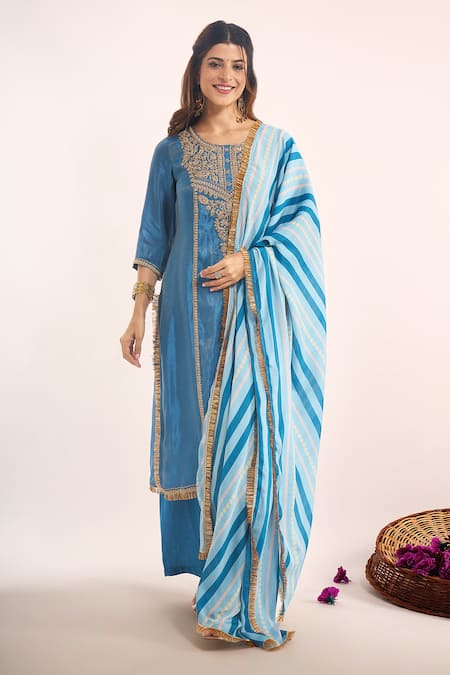 Samyukta Singhania Teal Tissue, Shantoon, Chiffon, Chinon Embroidery, Lace, Zari Dori Kurta Set 