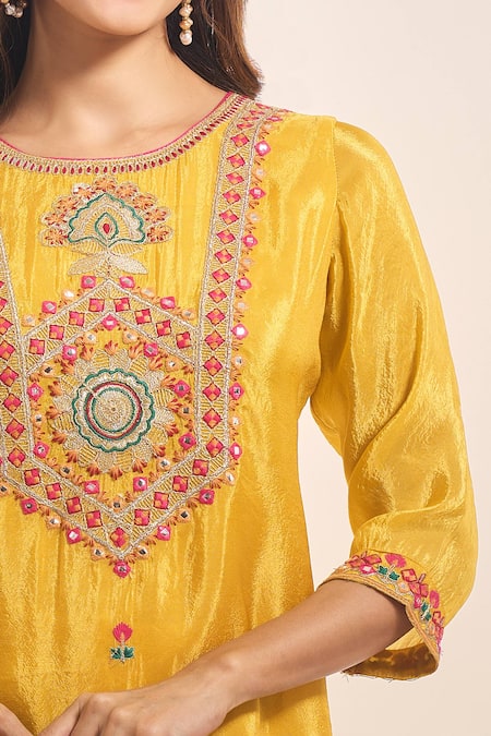 Buy_Samyukta Singhania_Yellow Tissue, Chinon, Silk, Chiffon Embroidery, Zari, Thread And Kurta Set _Online_at_Aza_Fashions