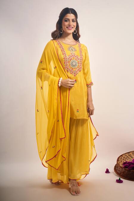 Shop_Samyukta Singhania_Yellow Tissue, Chinon, Silk, Chiffon Embroidery, Zari, Thread And Kurta Set _Online_at_Aza_Fashions