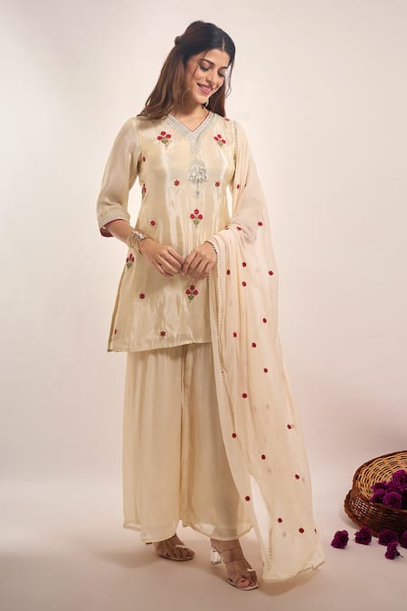 Shop_Samyukta Singhania_Ivory Tissue, Chinon, Chiffon Zari, Sequins, Embroidery, Kurta Sharara Set _Online_at_Aza_Fashions