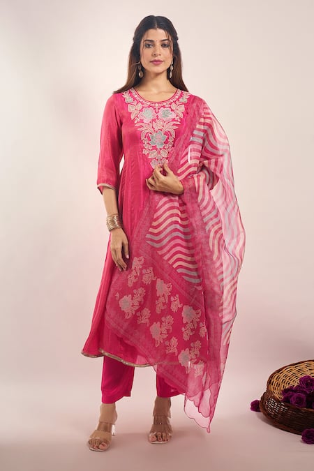 Samyukta Singhania Pink Tissue, Shantoon, Chiffon Embroidery, Sequins, Lace Round Neck Anarkali Set 