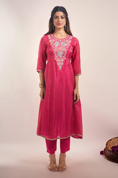 Buy_Samyukta Singhania_Pink Tissue, Shantoon, Chiffon Embroidery, Sequins, Lace Round Neck Anarkali Set _Online_at_Aza_Fashions