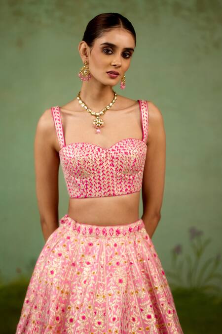 Shyam Narayan Prasad_Pink Silk, Organza Embroidery, Zari, Gota Patti, Applique, Metallic Lehenga Set _Online_at_Aza_Fashions