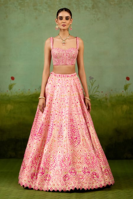 Shop_Shyam Narayan Prasad_Pink Silk, Organza Embroidery, Zari, Gota Patti, Applique, Metallic Lehenga Set _Online_at_Aza_Fashions