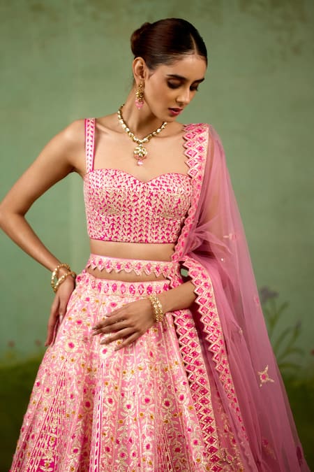 Shyam Narayan Prasad_Pink Silk, Organza Embroidery, Zari, Gota Patti, Applique, Metallic Lehenga Set _at_Aza_Fashions