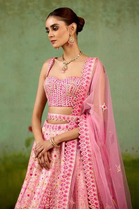 Buy_Shyam Narayan Prasad_Pink Silk, Organza Embroidery, Zari, Gota Patti, Applique, Metallic Lehenga Set 