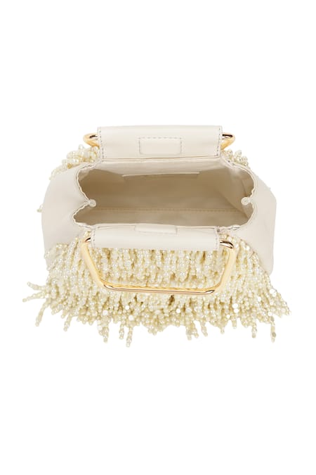 The Leather Garden_Ivory Beads, Pearls, Tassels Savera Mini Handbag _Online_at_Aza_Fashions