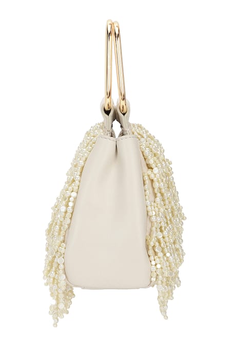 Buy_The Leather Garden_Ivory Beads, Pearls, Tassels Savera Mini Handbag _Online_at_Aza_Fashions