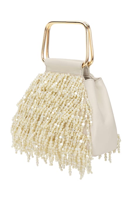 Shop_The Leather Garden_Ivory Beads, Pearls, Tassels Savera Mini Handbag _Online_at_Aza_Fashions