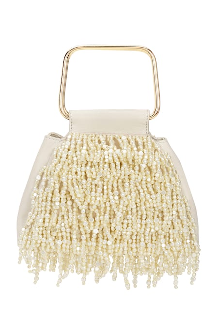 Buy_The Leather Garden_Ivory Beads, Pearls, Tassels Savera Mini Handbag 