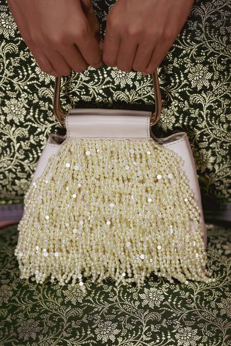 Shop_The Leather Garden_Ivory Beads, Pearls, Tassels Savera Mini Handbag 