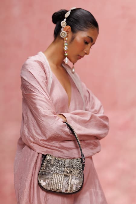 The Leather Garden_Black Beads, Embroidery Shaam Hand Beaded Bag _at_Aza_Fashions