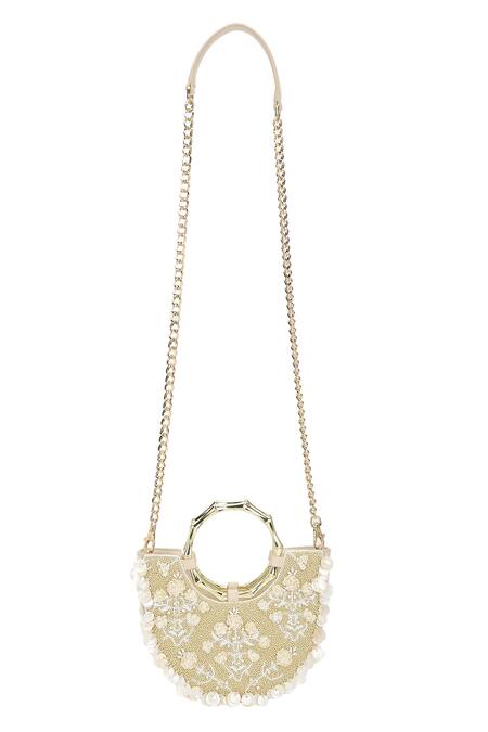 Buy_The Leather Garden_Ivory Beads, Pearls, Fabric Flowers, Sequins Khwab Half Moon Clutch Bag _Online_at_Aza_Fashions