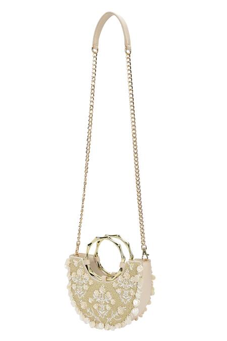 Shop_The Leather Garden_Ivory Beads, Pearls, Fabric Flowers, Sequins Khwab Half Moon Clutch Bag _Online_at_Aza_Fashions