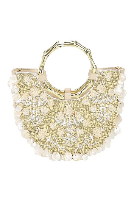 Buy_The Leather Garden_Ivory Beads, Pearls, Fabric Flowers, Sequins Khwab Half Moon Clutch Bag 