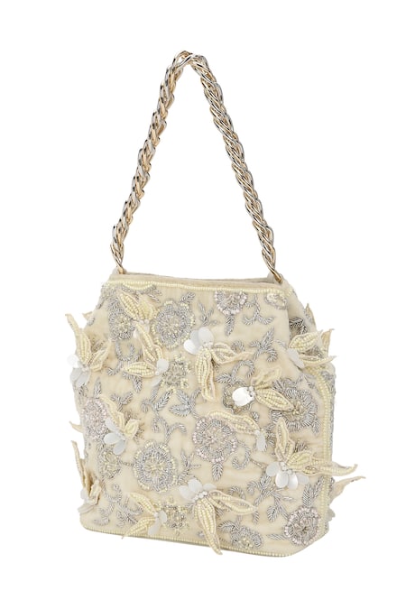 Buy_The Leather Garden_Ivory Embroidery, Beads, Sequins Seher Floral Potli Bag _Online_at_Aza_Fashions