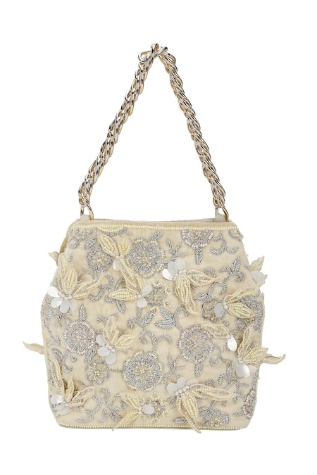 The Leather Garden Seher Ivory Floral Embroidered Potli Bag 