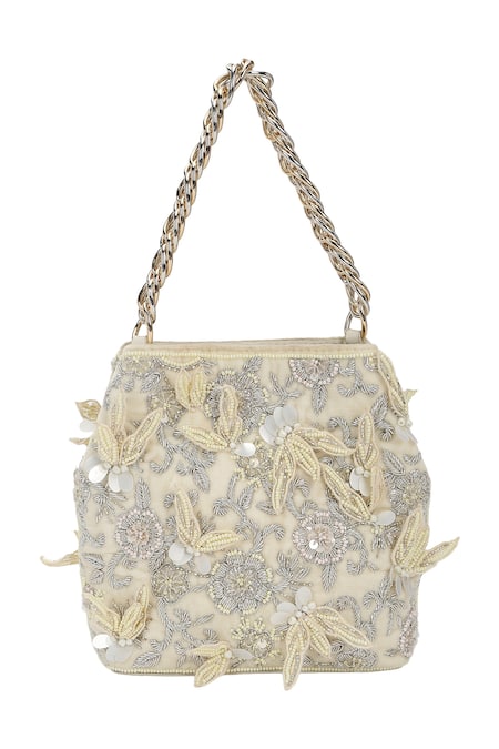 The Leather Garden_Ivory Embroidery, Beads, Sequins Seher Floral Potli Bag _at_Aza_Fashions
