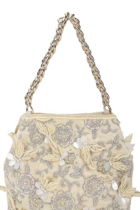 Shop_The Leather Garden_Ivory Embroidery, Beads, Sequins Seher Floral Potli Bag 