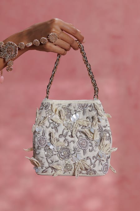 The Leather Garden Seher Ivory Floral Embroidered Potli Bag 