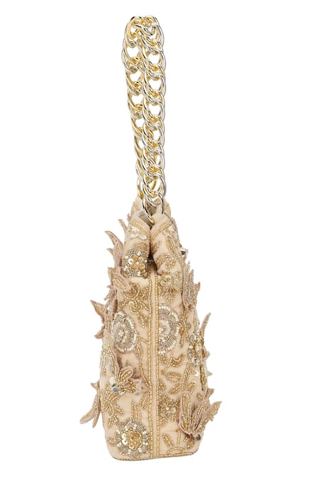 The Leather Garden_Gold Embroidery, Beads, Sequins Seher Floral Potli Bag _Online_at_Aza_Fashions