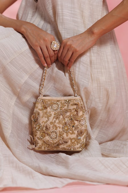 Buy_The Leather Garden_Gold Embroidery, Beads, Sequins Seher Floral Potli Bag _Online_at_Aza_Fashions