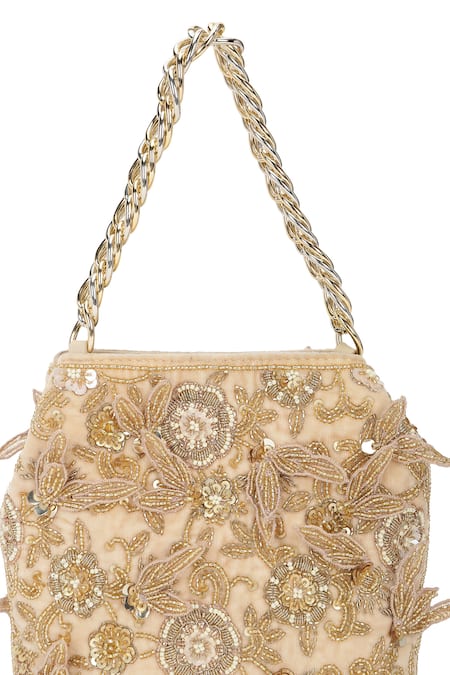 Shop_The Leather Garden_Gold Embroidery, Beads, Sequins Seher Floral Potli Bag _Online_at_Aza_Fashions