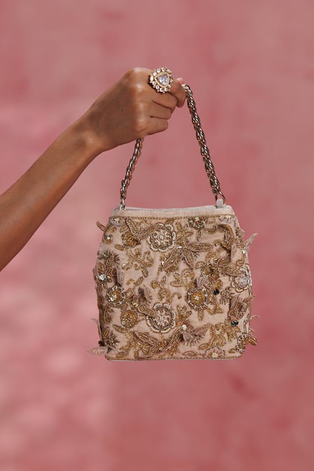 The Leather Garden Seher Gold Floral Embroidered Potli Bag 